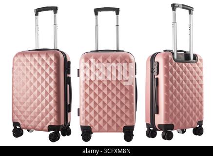 Modern Pink Travel Suitcase with Textured Design, isolated  on White Background Stock Photo