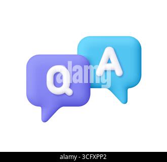 Purple and blue speech bubbles with letters Q and A, question and answer. Communication, support, FAQ, help desks concept. 3d vector icon. Cartoon min Stock Vector