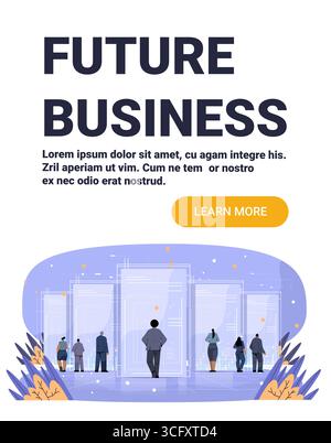 Future business innovation people walking towards digital doors modern cityscape abstract background technology concept website banner Stock Vector