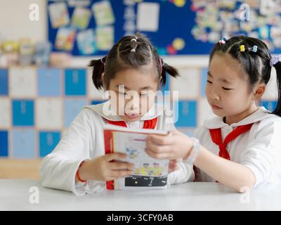 Two school girls studying together in their classroom. Stock Photo
