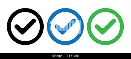 Set of Checkmark Icons in Black, Blue, and Green" Stock Vector