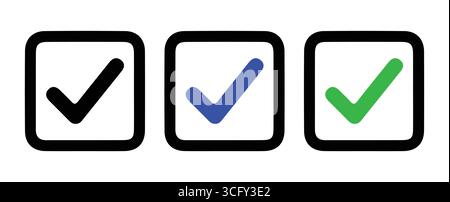 Set of Checkmark Icons in Black, Blue, and Green" Stock Vector