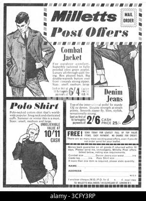 Milletts was a well know high street men's fashion shop in ther UK for many years, specialising initially in ex-Army surplus clothes.  They later branched out into their own fashions as well.  This advert from 1966 shows some of their men's leisure wear.  Note how the mail order form still asks for your combat size.  Easy payments were also a feature of the chain. Stock Photo