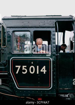 A steam engine locomotive cab and driver on the Dartmouth Steam Railway, Devon, England UK Stock Photo