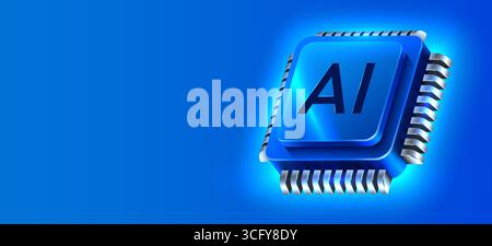 Brightly glowing AI computer chip. Technology concept. CPU processor. Computer microchip. Vector illustration Stock Vector