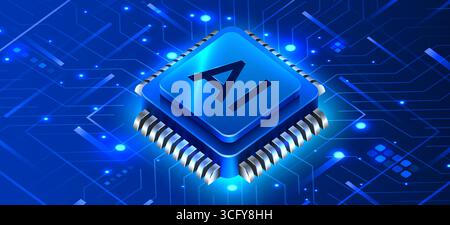 Brightly glowing AI computer chip. Technology concept. CPU processor. Computer microchip. Vector illustration Stock Vector
