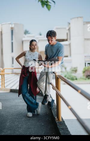 Two students discussing a project outdoors on a sunny college campus Stock Photo