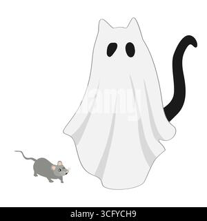 Funny Halloween black cat in white sheet hunting a mouse. Isolated vector illustration Stock Vector