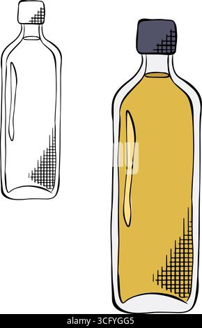 Olive oil green glass bottle Olive oil bottle isolated colored. Vector graphic line ink illustration. For poster, flyer, banner, invitation, social me Stock Vector