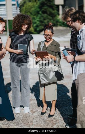 Group of diverse students collaborating outdoors on a sunny day Stock Photo