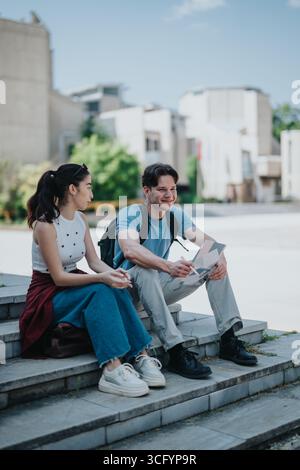 Students sitting on campus steps engaged in a friendly discussion outdoors Stock Photo