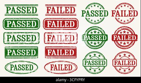 Passed And Failed Retro Grunge Stamp Set. Collection Of 16 Vintage Rubber Stamps Featuring Passed And Failed Labels In Green And Red. Perfect For Exam Stock Vector