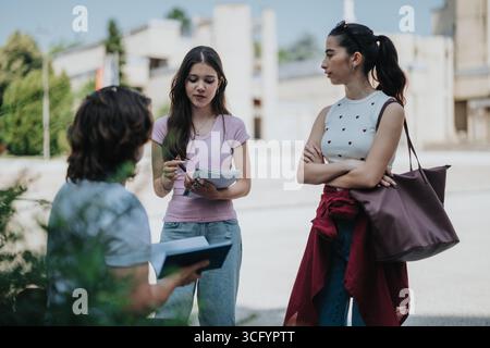 Group of students engaged in a casual discussion outdoors during study session Stock Photo