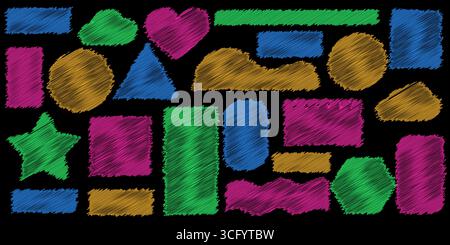 Set of colorful jagged geometric shapes with hatched striped fill texture isolated on transparent background. Stock vector illustration. Stock Vector