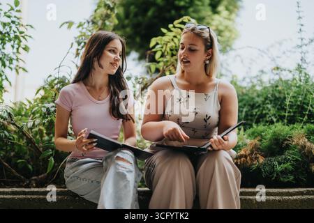 Two young women discussing notes outdoors in a natural setting Stock Photo