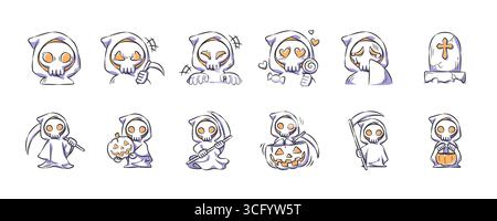 Set of halloween cute and spooky grim reaper character illustration . Hand drawn icon . Vector . Stock Vector