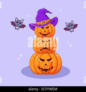 Spooky Halloween Pumpkin Tower with Bats and Witch Hat, Stack Pumpkins Vector Illustration Cartoon Stock Vector