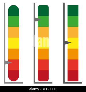 Vertical level indicators. Colorful measuring gauges. Rating system scales. Vector progress emblems. EPS 10. Stock Vector