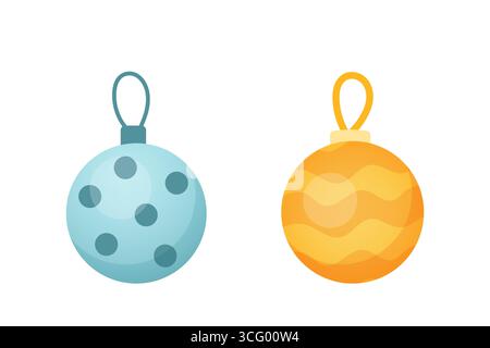 Two colorful holiday baubles, one blue with dots and one yellow with waves, isolated on white for seasonal design use. Stock Vector