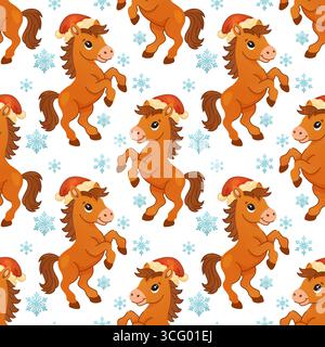 Seamless vector pattern featuring cheerful cartoon ponies in Santa hats with blue snowflakes on a white background for holiday decor. Stock Vector