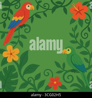 A lush green square border featuring bright parrots perched among large leaves and orange flowers with open space in the center for text. Stock Vector