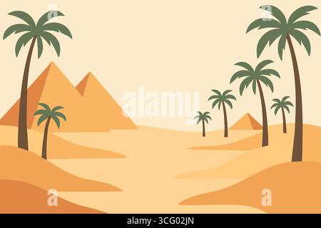 A golden sand scene shows distant pyramids and scattered palms with gentle dunes and sky forming a calm backdrop. Stock Vector