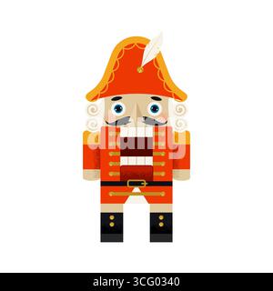 Christmas Nutcracker toy soldier traditional wooden figurine. Vector illustration in flat style with glittering Stock Vector