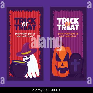 Vertical trick or treat banner set with elements like ghost, cauldron, pumpkin, and gravestone. Perfect for seasonal promotions and more. Stock Vector
