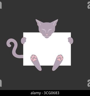 Thin gray cat is holding a blank paper banner with empty space for text. Vector illustration Stock Vector