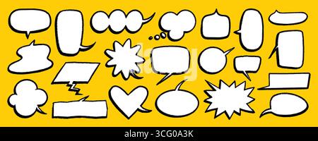 Cartoon speech bubbles in crayon style, hand drawn balloon, chalk cloud and talk frame on yellow background. Speech balloons and text boxes in chalk Stock Vector