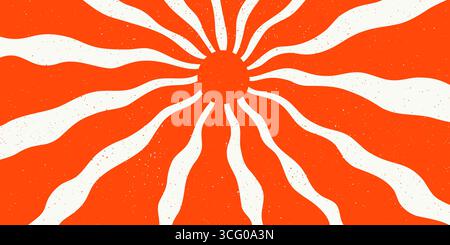 Retro japan red sun with wavy rays and grunge texture. Japanese rising groovy sun with wavy rays and crayon style texture. Great for posters, t-shirts Stock Vector