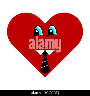 Smiling Heart Character with Tie. A red heart character with a smiling face, bright blue expressive eyes and a stylish black tie with white stripes. Stock Vector