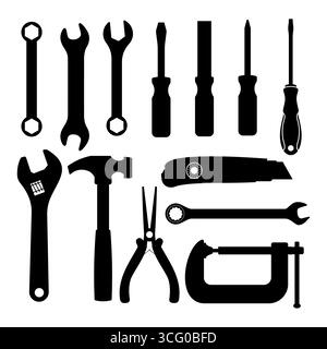Set of Hand Tools Silhouette. A collection of essential hand tools in bold black silhouettes. The design includes a variety of commonly used tools. Stock Vector