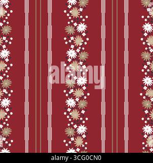 Rustic Meadow Flowers and Stripes Wallpaper Vector Seamless Pattern. Cottagecore Floral red print Stock Vector