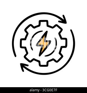 A stylized gear icon with a lightning bolt inside, surrounded by circular arrows. Represents energy, technology, and innovation concepts. Stock Vector