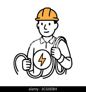 A male electrician wearing a yellow hard hat holds electrical cables and a round device with a lightning symbol. The scene represents electrical work Stock Vector