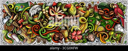 Brazil vector illustration with carnival, Amazon jungle, football, beaches, coffee and cultural icons. Ideal for travel, tourism, nature and adventure Stock Vector