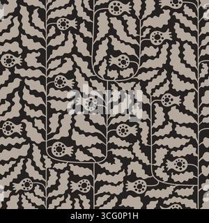Abstract monochrome geometric botanical pomegranate foliage vector seamless pattern. Black, white leaves, fruits, berries background design for spa Stock Vector