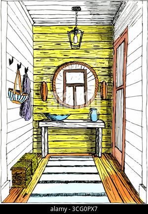 This vibrant vector sketch illustrates a narrow entryway with yellow shiplap walls, a rope-framed round mirror reflecting a window, hanging lantern, c Stock Vector