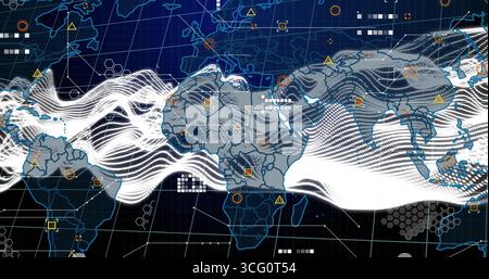 Displaying stylized digital world map streaming white waveforms on dark blue grid, network icons Stock Photo