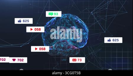 Floating 3D brain model pulsating neon-blue filaments in data space, with notification badges Stock Photo