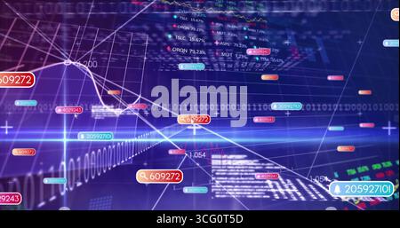 Displaying financial data cluster floating in market dashboard, with numeric tags and binary code Stock Photo