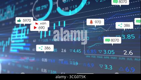 Displaying social media notification bubbles on blue console with bar charts line graphs and gauges Stock Photo