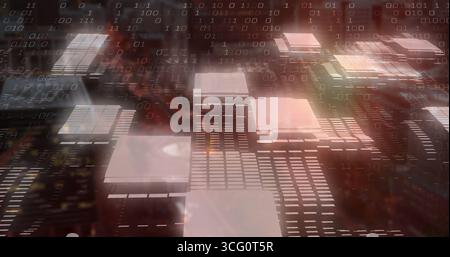 Floating square platforms forming staggered rows on digital circuit board, with binary code streams Stock Photo