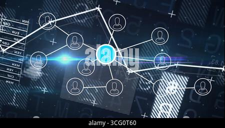 Displaying central blue user icon linking nodes in digital network, with code panels, accents Stock Photo