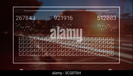 Displaying see-through overlay over city road at dusk, with numeric counters and bar graphs Stock Photo