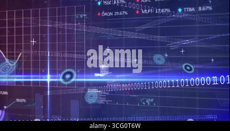 Displaying bright binary code beam flowing through data display, with line graphs and ticker labels Stock Photo