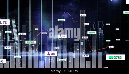 Displaying dashboard overlaying night skyline with candlestick charts and floating data icons Stock Photo