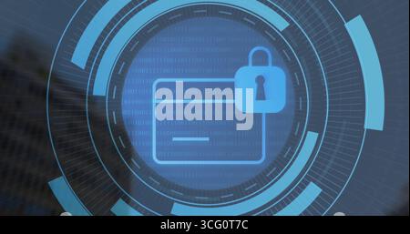 Displaying security icon with access card outline and padlock on office facade with binary code Stock Photo