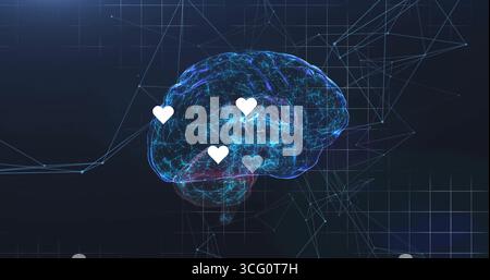 3D brain floating in interface space with glowing neural paths, white heart icons, grid overlay Stock Photo